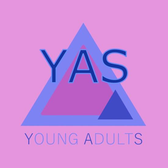 YAS: Young Adults blå logo med lyserød baggrund