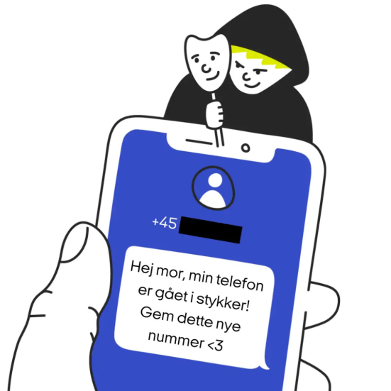 Tekstbesked, hånd holder telefon, svindler kigger frem.