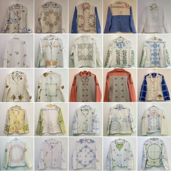  25 små billeder af skjorter set forfra og bagfra, så alle broderierne fremgår