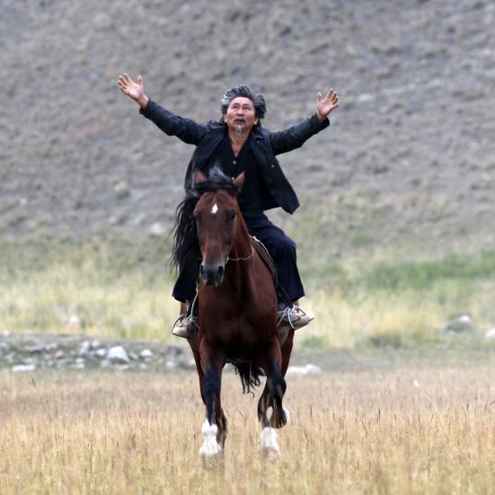En mand på en hest der ridder på en mark med armene spredt ud.