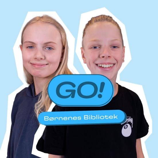 to børn og logoet GO! samt teksten "Børnenes bibliotek" på en lyseblå baggrund