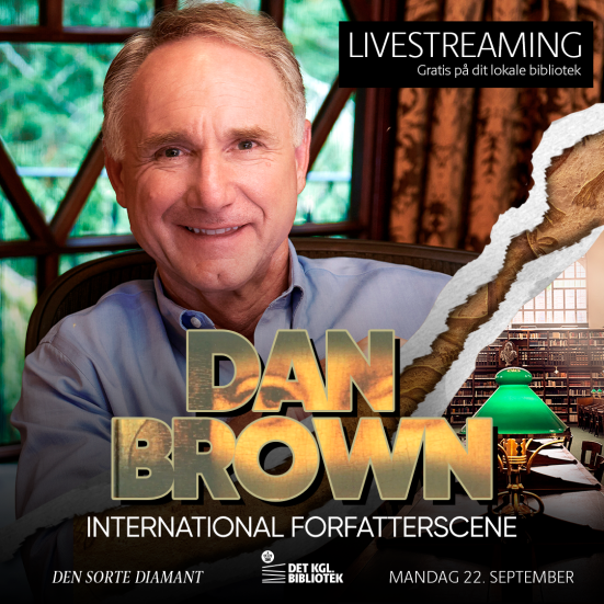 Dan Brown, en lampe og skrift om arrangementet