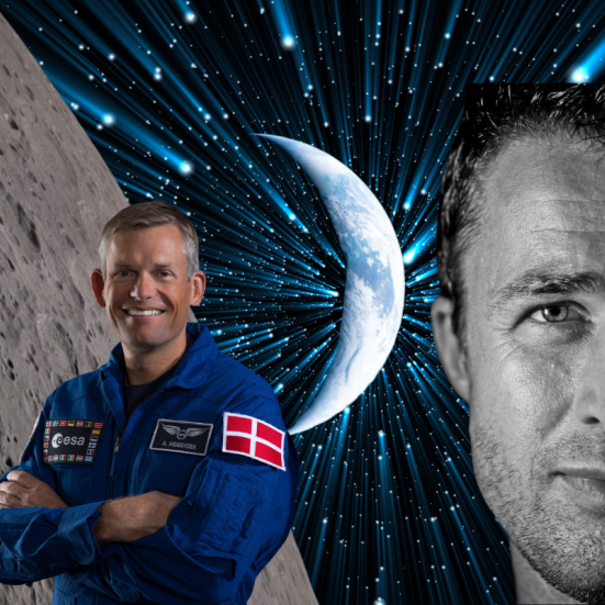 Andreas Mogensen og Rasmus Krath collage med måne og planet i sort univers