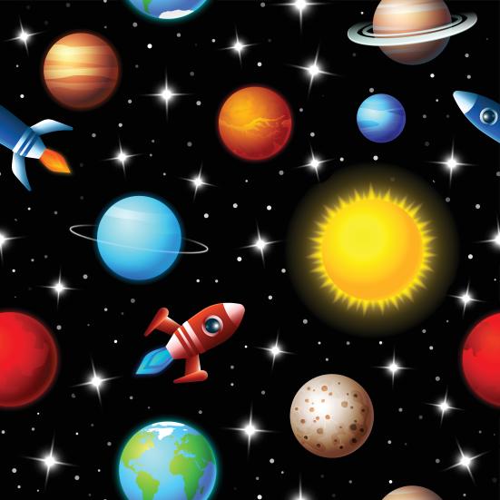 Illustration af rummet med planeter og raketter