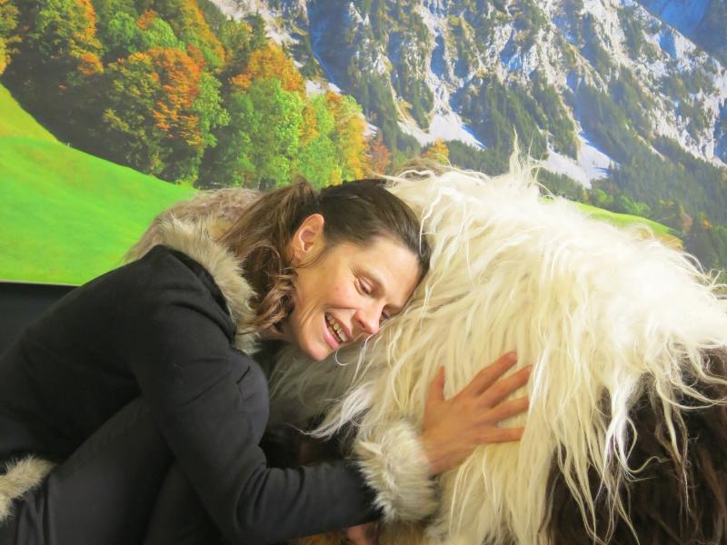 Foto af kvinde som aer en stor hund. Bjerglandskab i baggrunden.