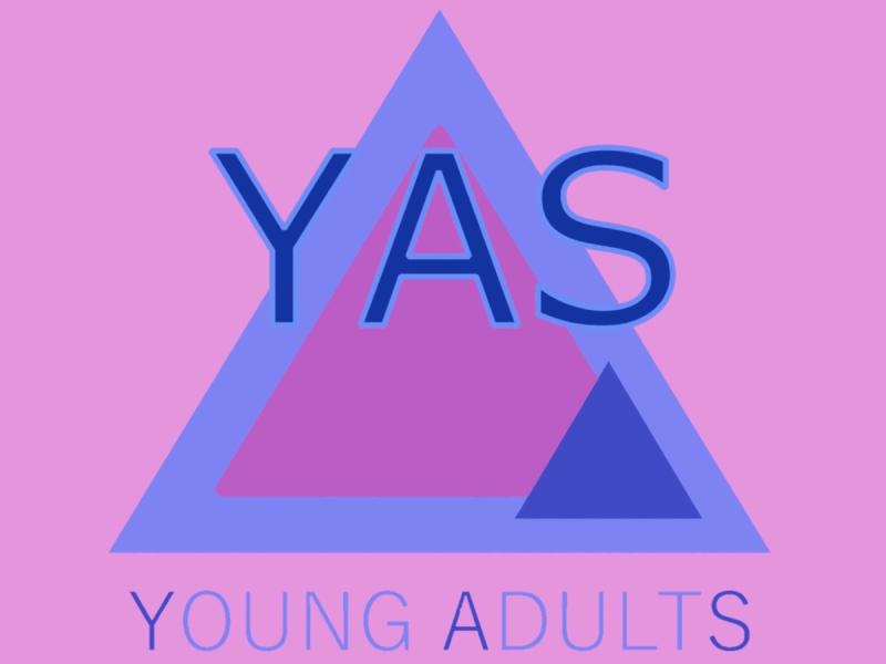 YAS: Young Adults blå logo med lyserød baggrund