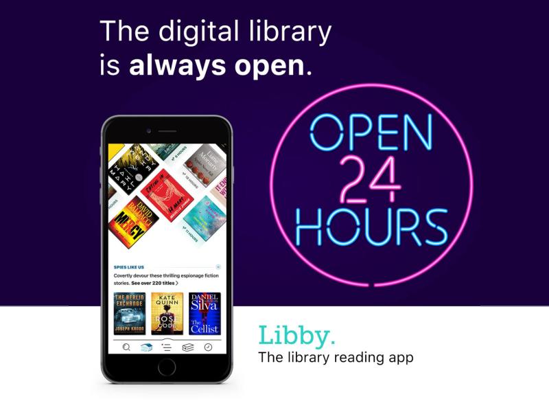 ereolens globals logo sammen med navnet på deres app Libby, samt den engelske tekst The digital library is always open