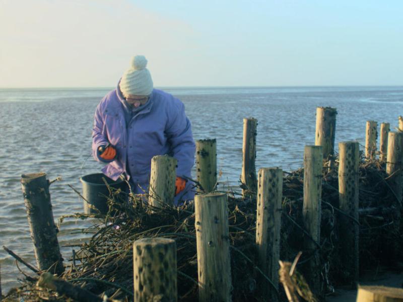 Kvinde med hue på ude ved havet pæle og vand i baggrunden