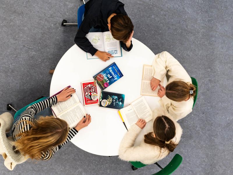 4 unge mennesker sidder omkring et rundt bord