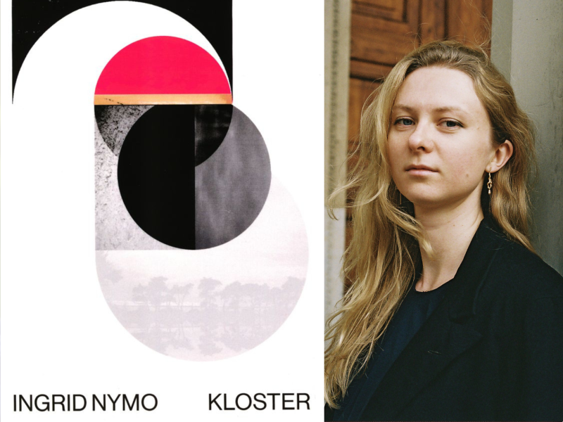 Forside af bogen kloster og kvinde med langt hår og sort tøj