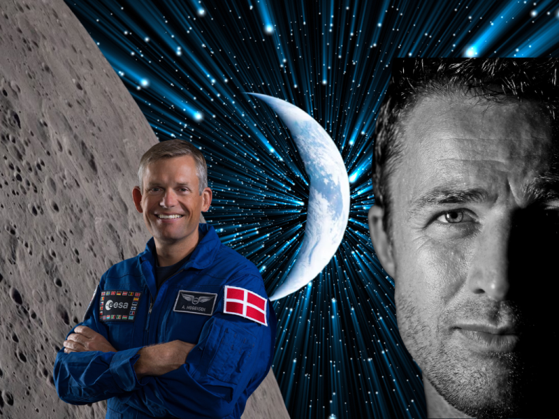 Andreas Mogensen og Rasmus Krath collage med måne og planet i sort univers