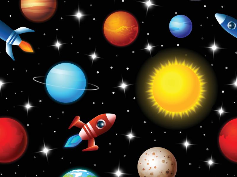 Illustration af rummet med planeter og raketter