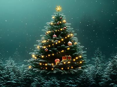 pyntet juletr på en mørkegrøn baggrund med en skov af mørkegrønne juletræer forneden