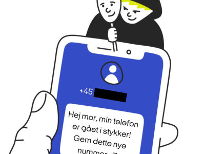 Tekstbesked, hånd holder telefon, svindler kigger frem.