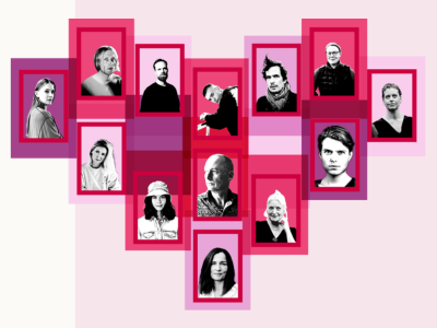 Grafik i røde og lyserøde kassen i form af et hjerte, med billeder af de nominerede forfattere