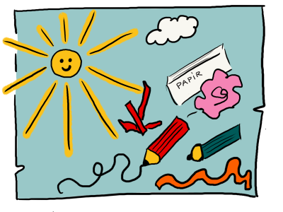 Tegning af sol og papir og tegneredskaber på en blågrå baggrund