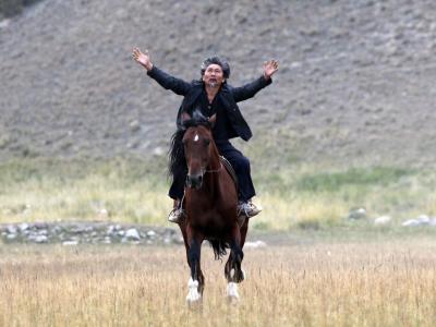 En mand på en hest der ridder på en mark med armene spredt ud.