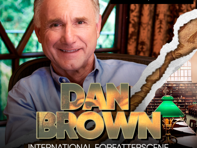 Dan Brown, en lampe og skrift om arrangementet