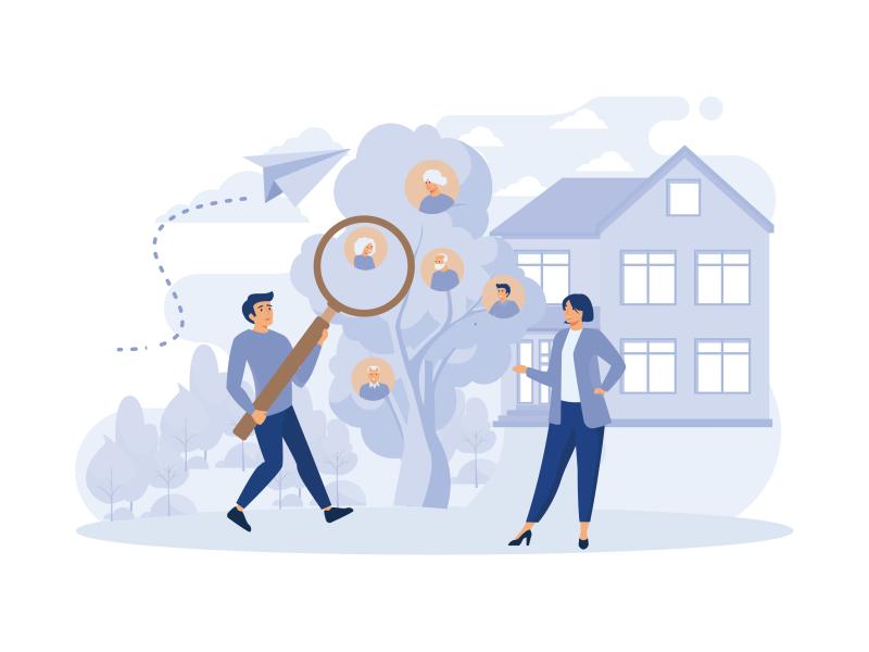 en mand og en kvinde holder en stop lup op foran et træ med ansigter som om de undersøger personer i deres slægtstræ 