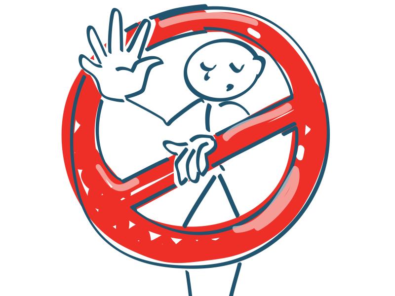Illustration af pindefigur der holder hånden op i stop tegn, med en rød overstreget ring over