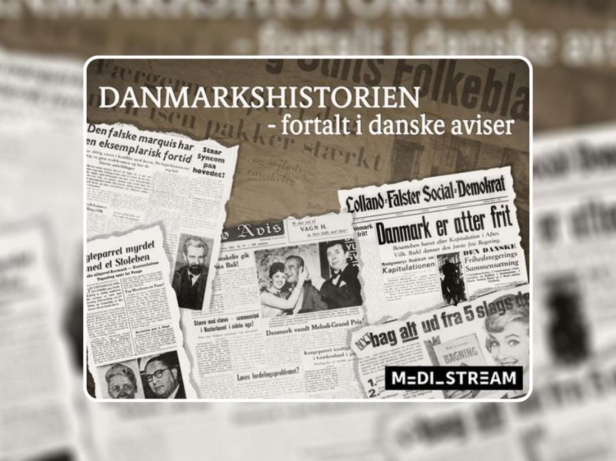 Mediestream logo. Med beskrivelsestekst: Danmarkshistorien - fortalt i danske aviser