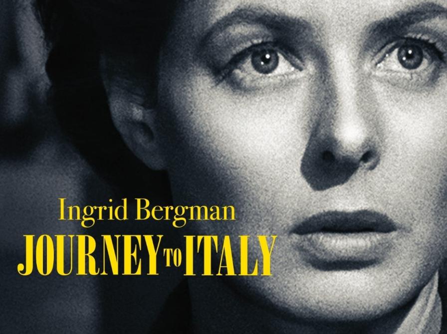 Still billede fra filmen med gul tekst ovenpå: "Journey to Italy"