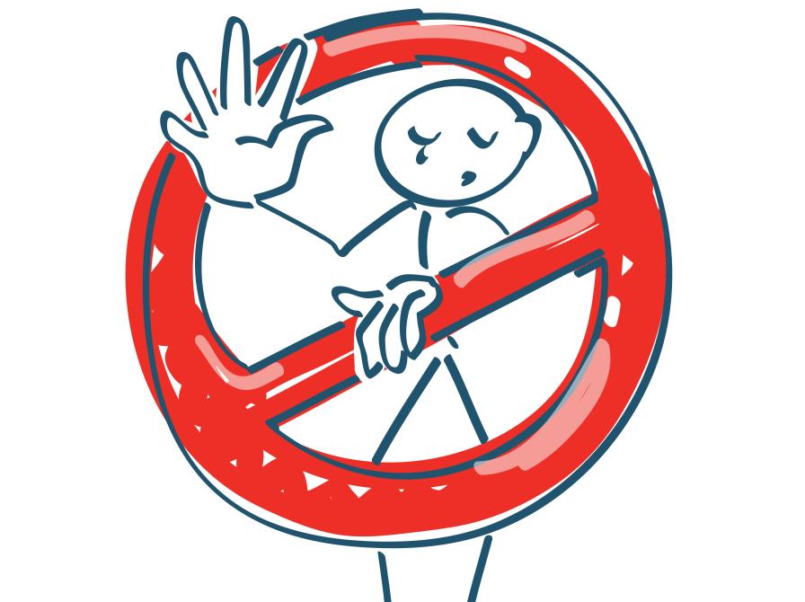 Illustration af pindefigur der holder hånden op i stop tegn, med en rød overstreget ring over