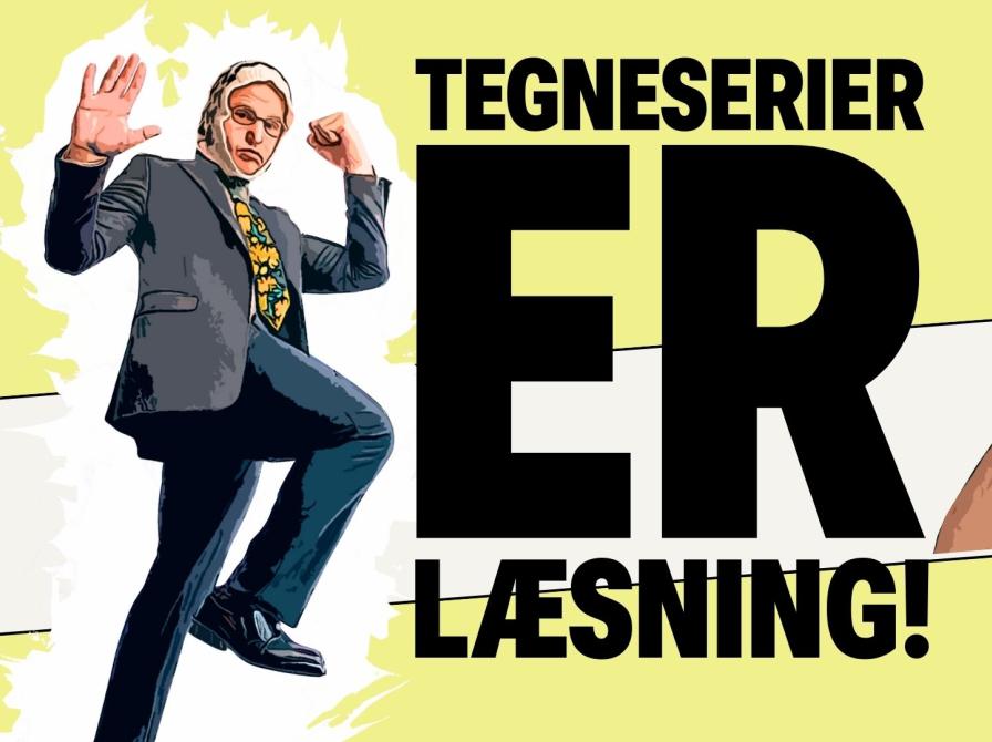 gul og grå grafik med to karakterer og teksten tegneserier er læsning