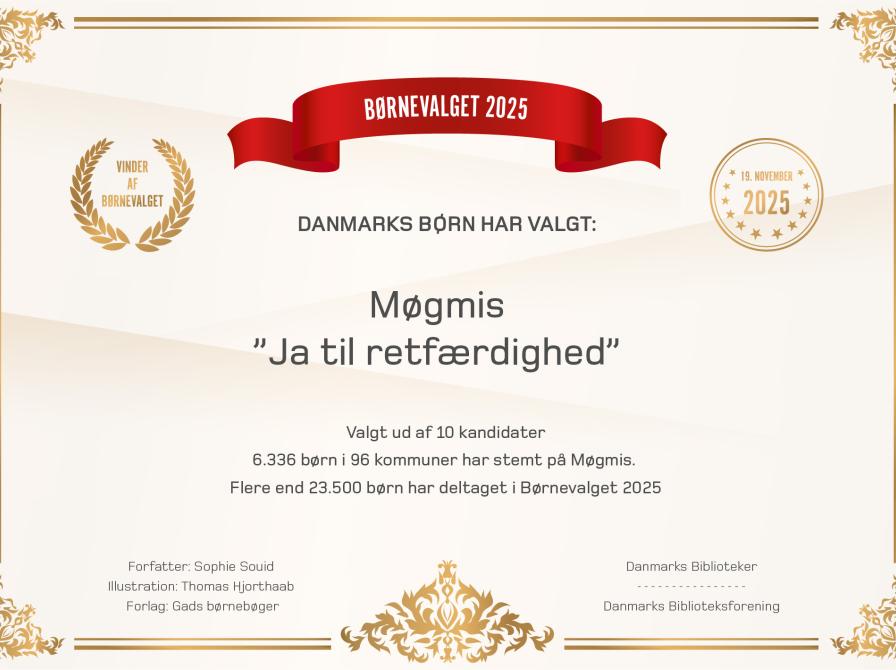 Diplom der viser at Møgmis er vinderen af børnevalget 2025