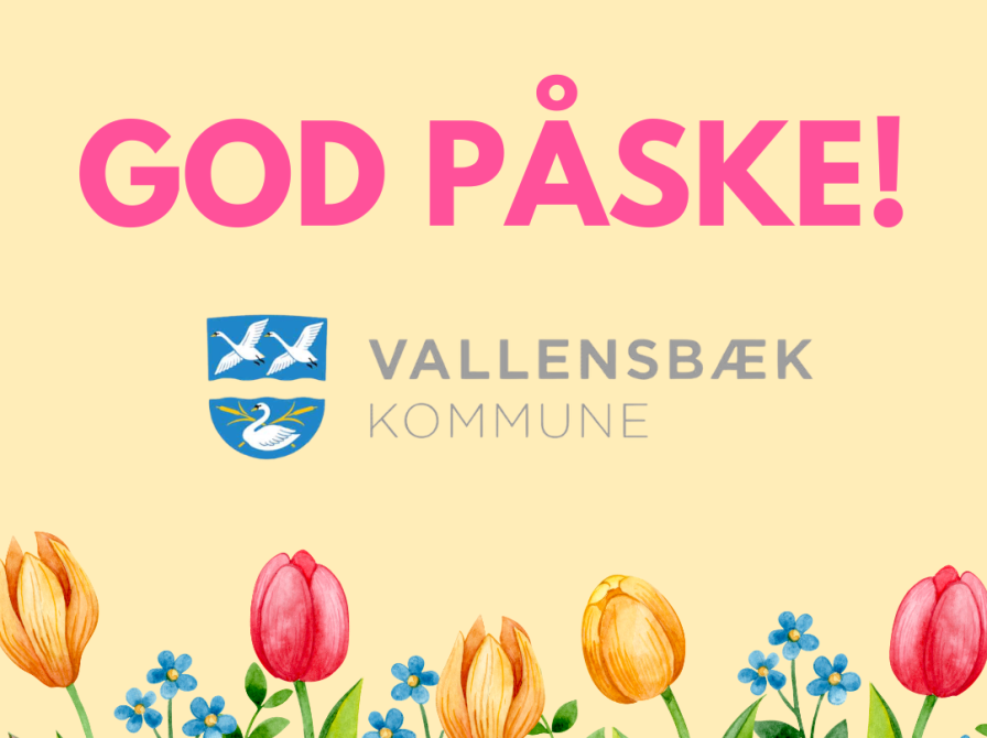 "God påske" på en gul baggrund med Vallensbæk kommunes logo nedenunder.