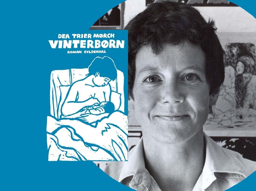 Bogcoveret "Vinterbørn" ved siden af et sort-hvidt portræt af Dea Trier Mørch, fotograferet af Gregers Nielsen, Gyldendals Billedbibliotek